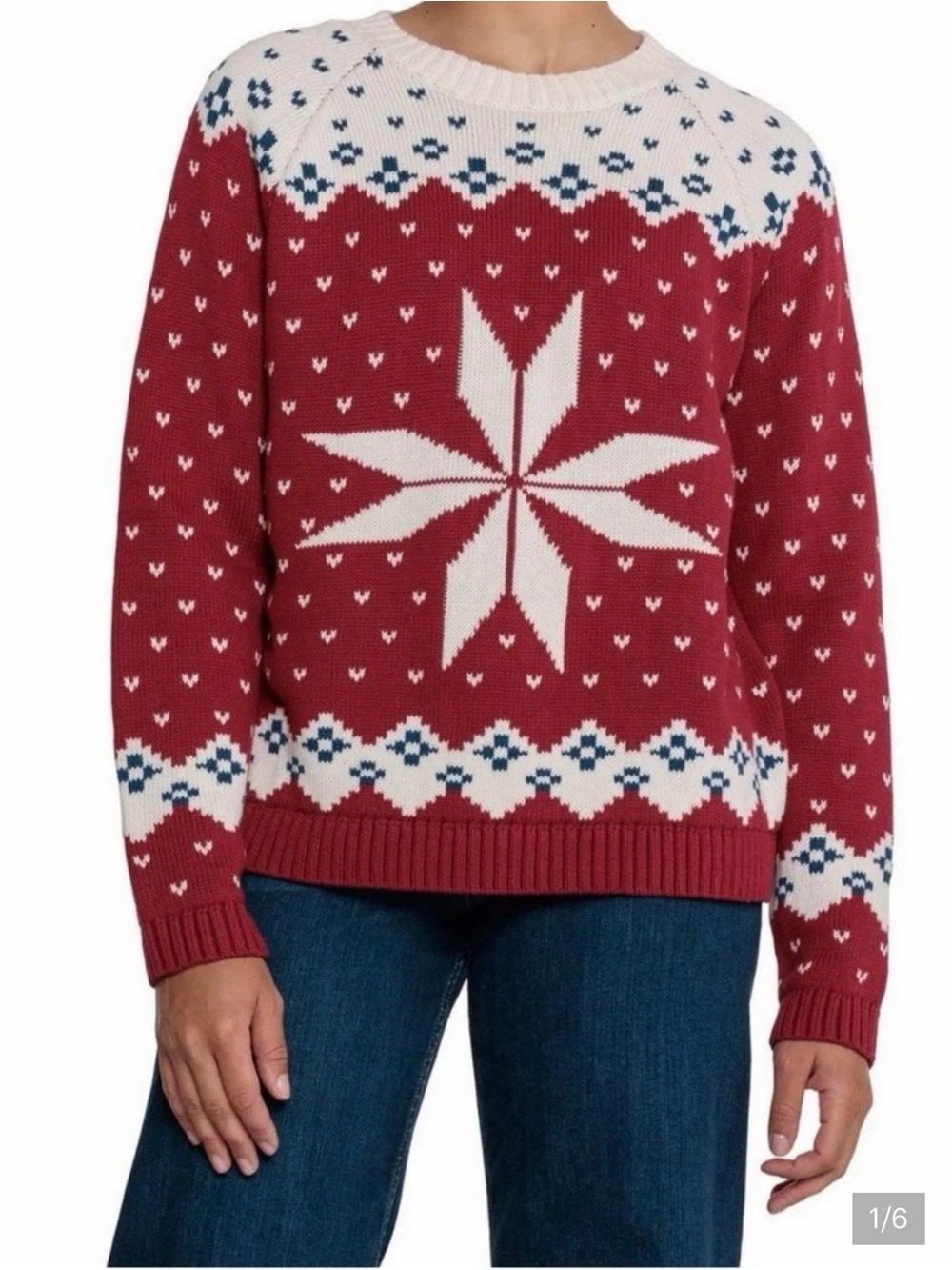 Alp N Rock Red Fair Isle Snowflake Crewneck Sweater with Cream & Red
